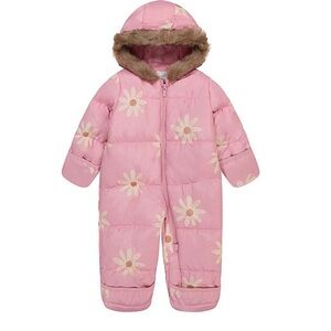 🎉HP🎉 Carter’s Infant Pink and White Daisy Snowsuit With Faux Fur Trimmed Hood